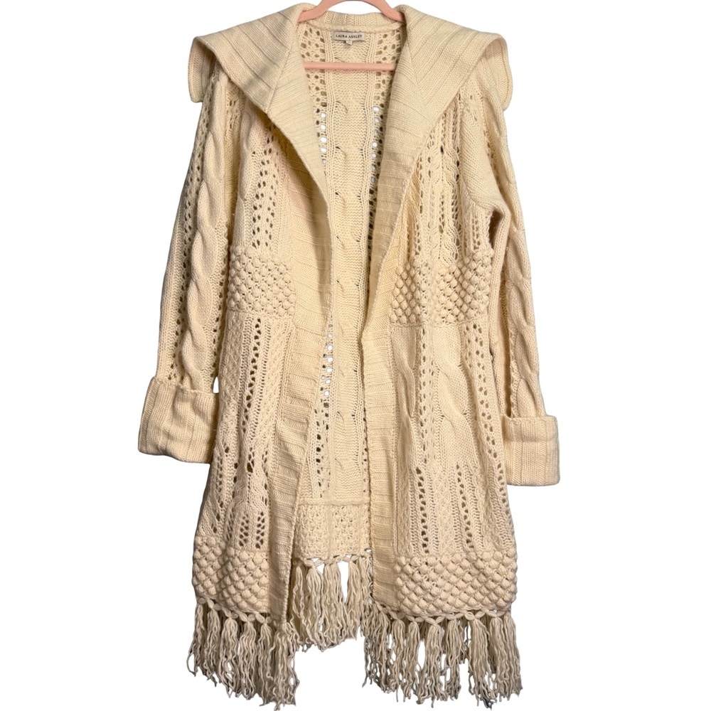 Laura Ashley wool & angora chunky fringe cable knit cream cardigan XL - Picture 12 of 13